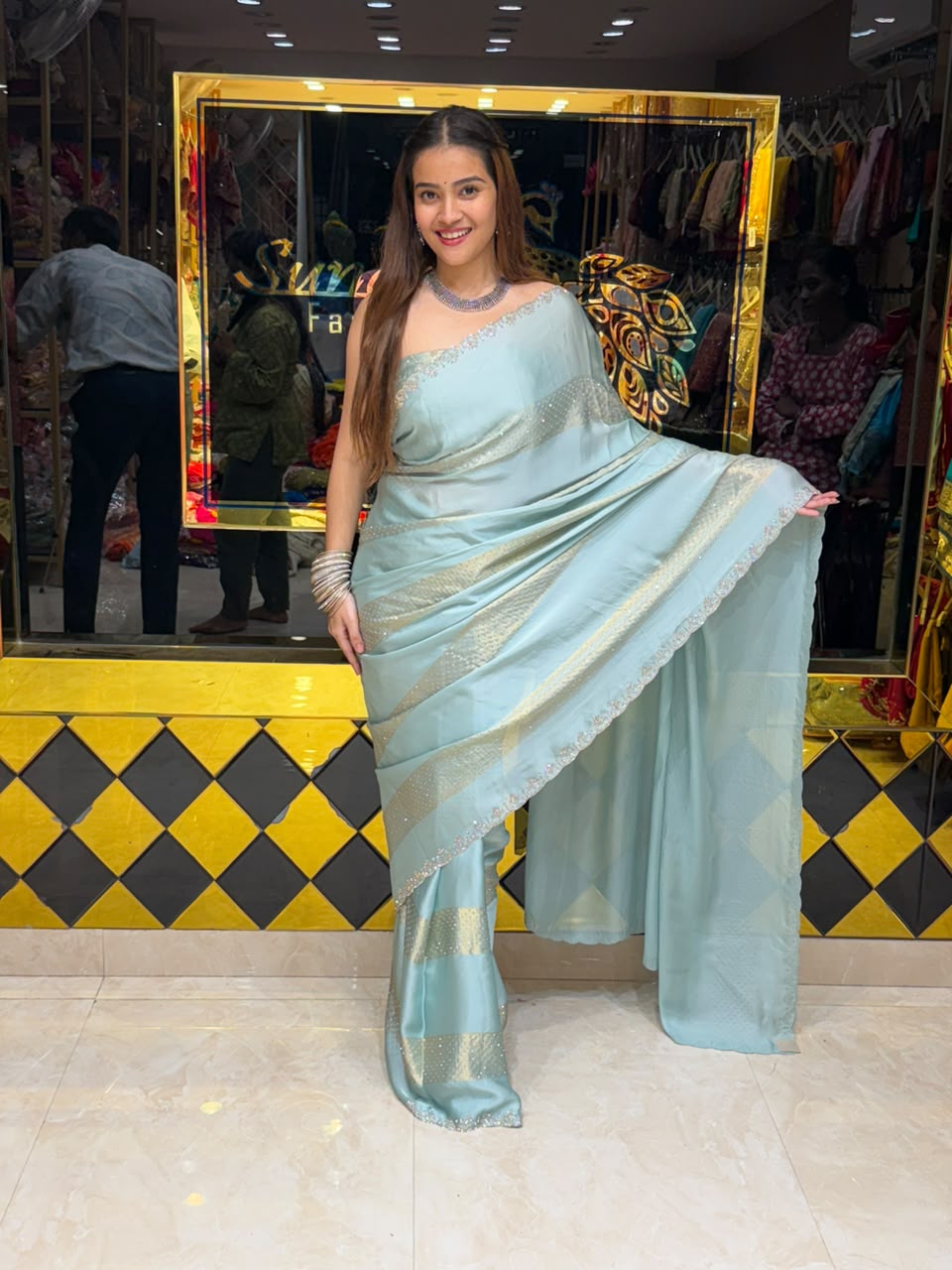 Ice Blue Silk Swarovski Designer Saree (486)