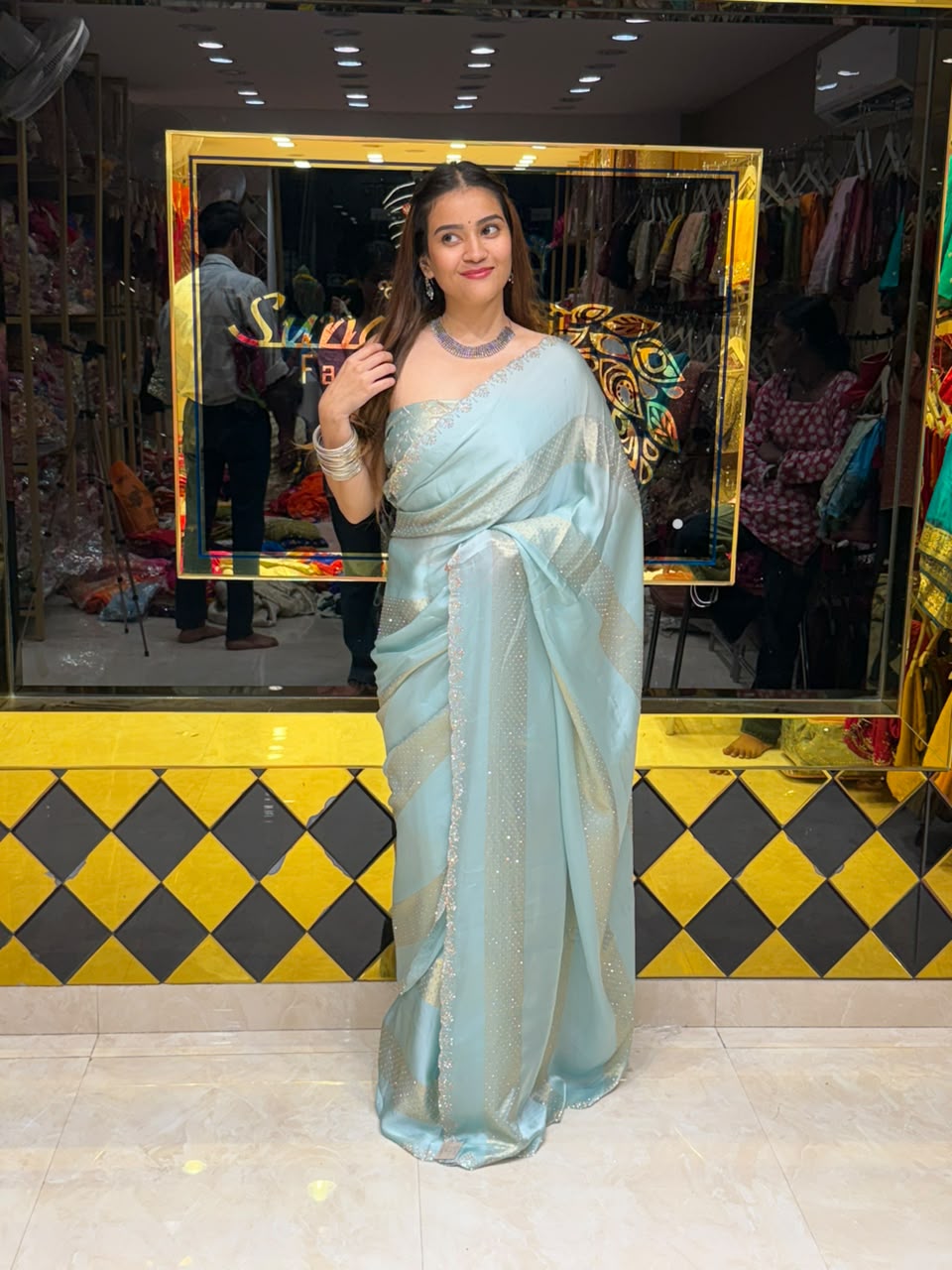 Ice Blue Silk Swarovski Designer Saree (486)