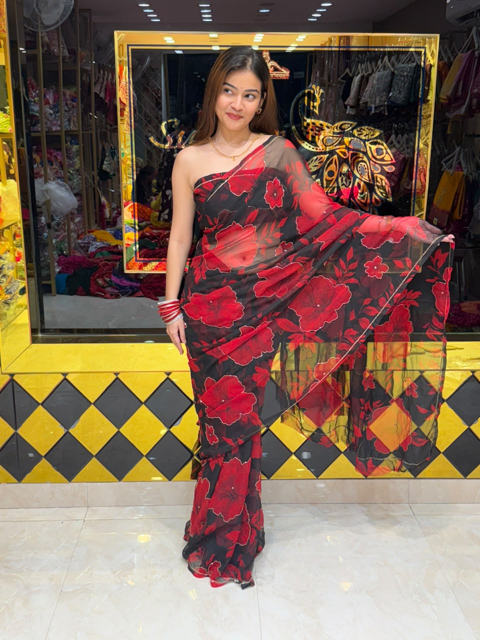 Red Black Floral Print Fancy Designer Saree (S111)