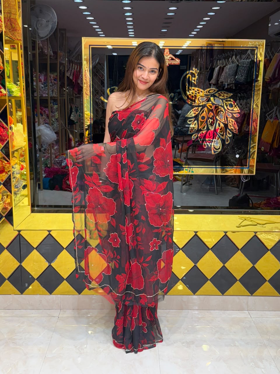 Red Black Floral Print Fancy Designer Saree (S111)