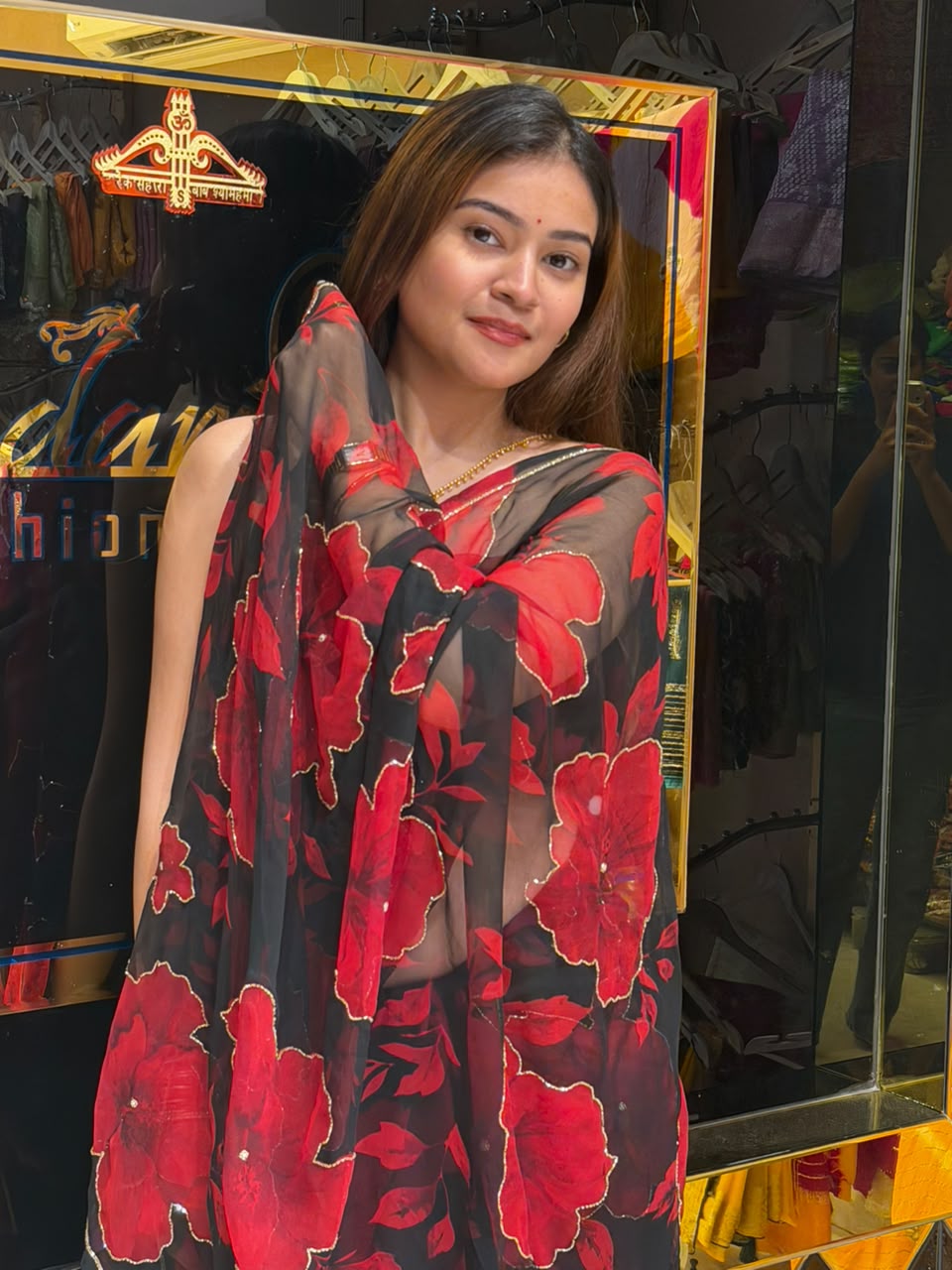 Red Black Floral Print Fancy Designer Saree (S111)