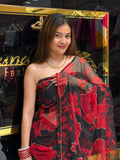 Red Black Floral Print Fancy Designer Saree (S111)