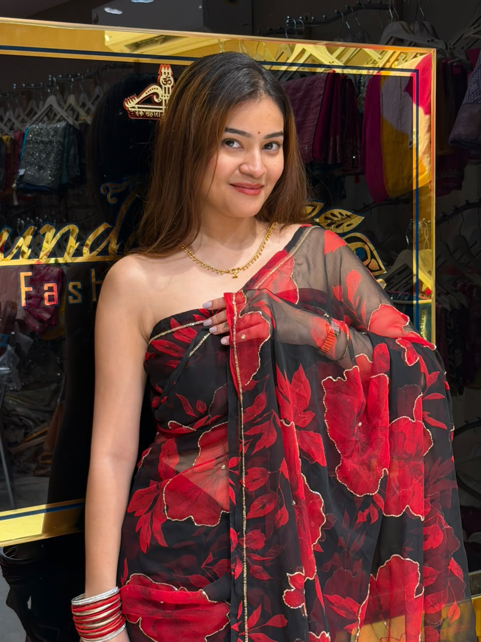 Red Black Floral Print Fancy Designer Saree (S111)