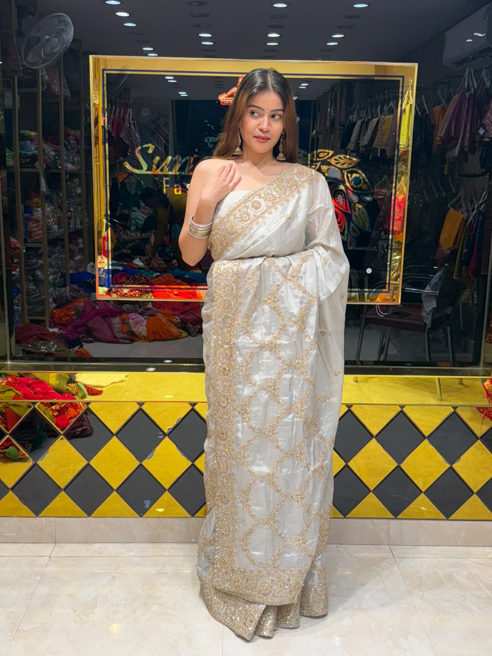 Steel Grey Multiwork Designer Saree (493)