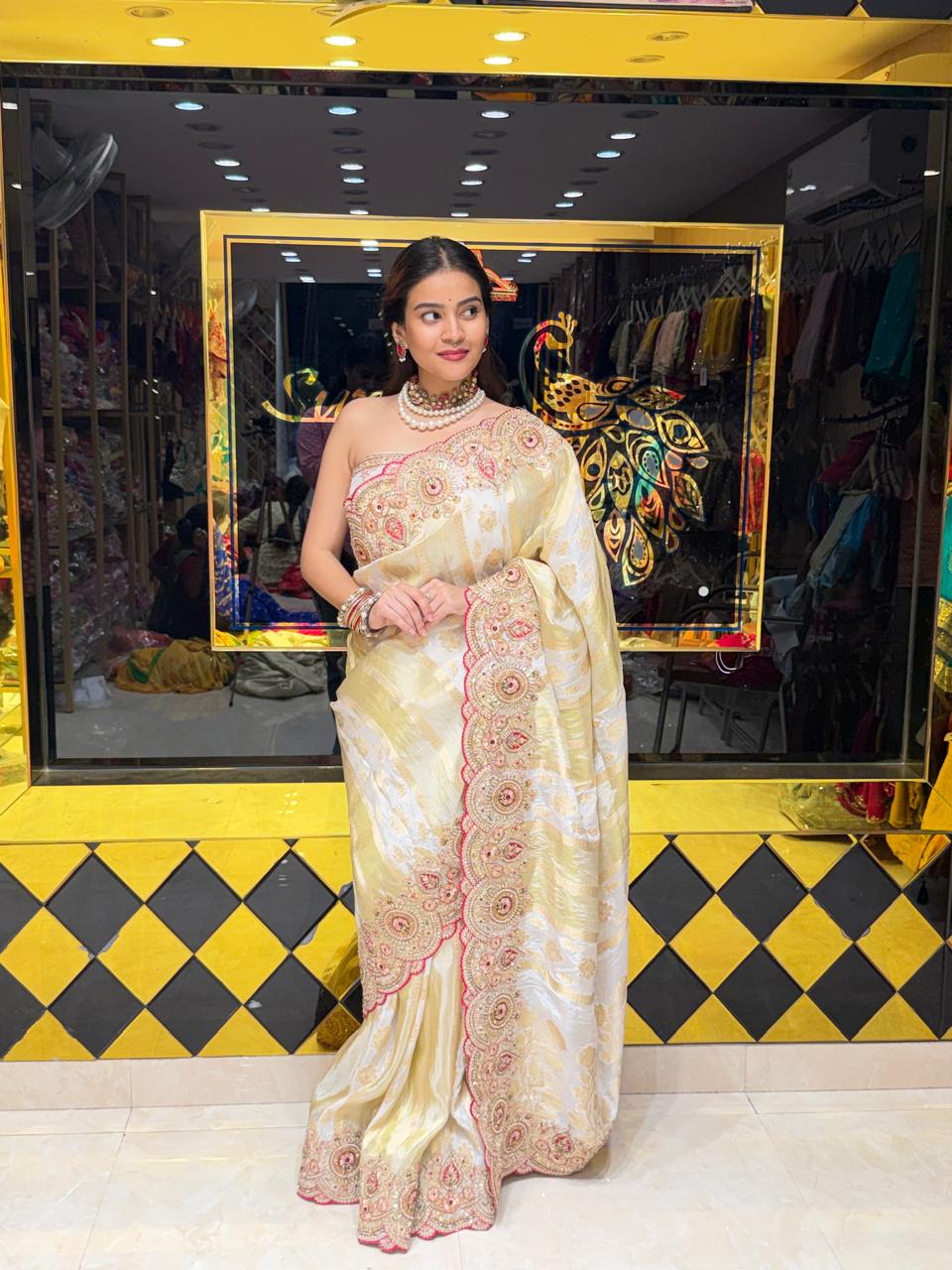 Ivory Pure Kanjivaram Silk Multiwork Designer Saree (489)
