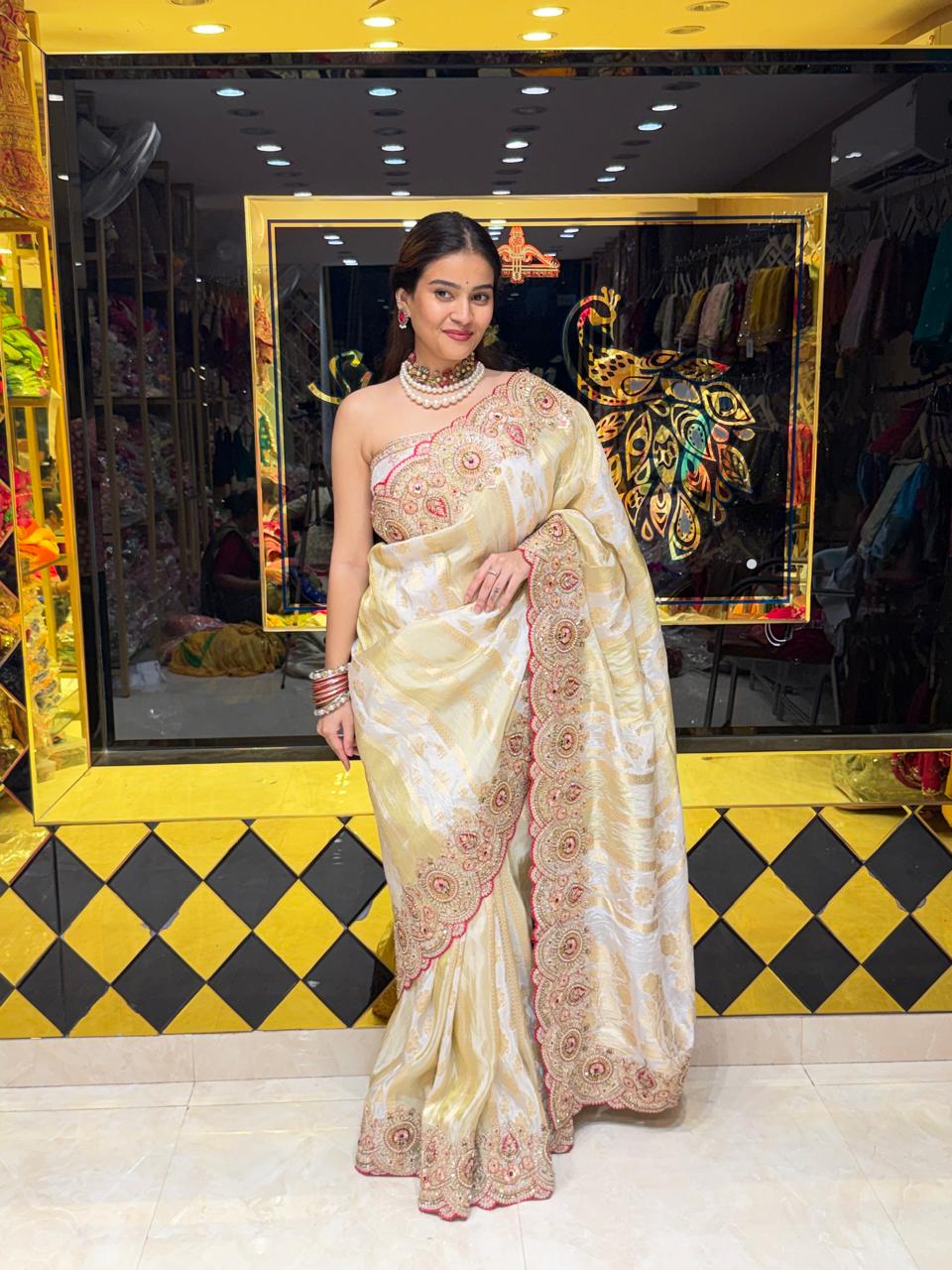 Ivory Pure Kanjivaram Silk Multiwork Designer Saree (489)