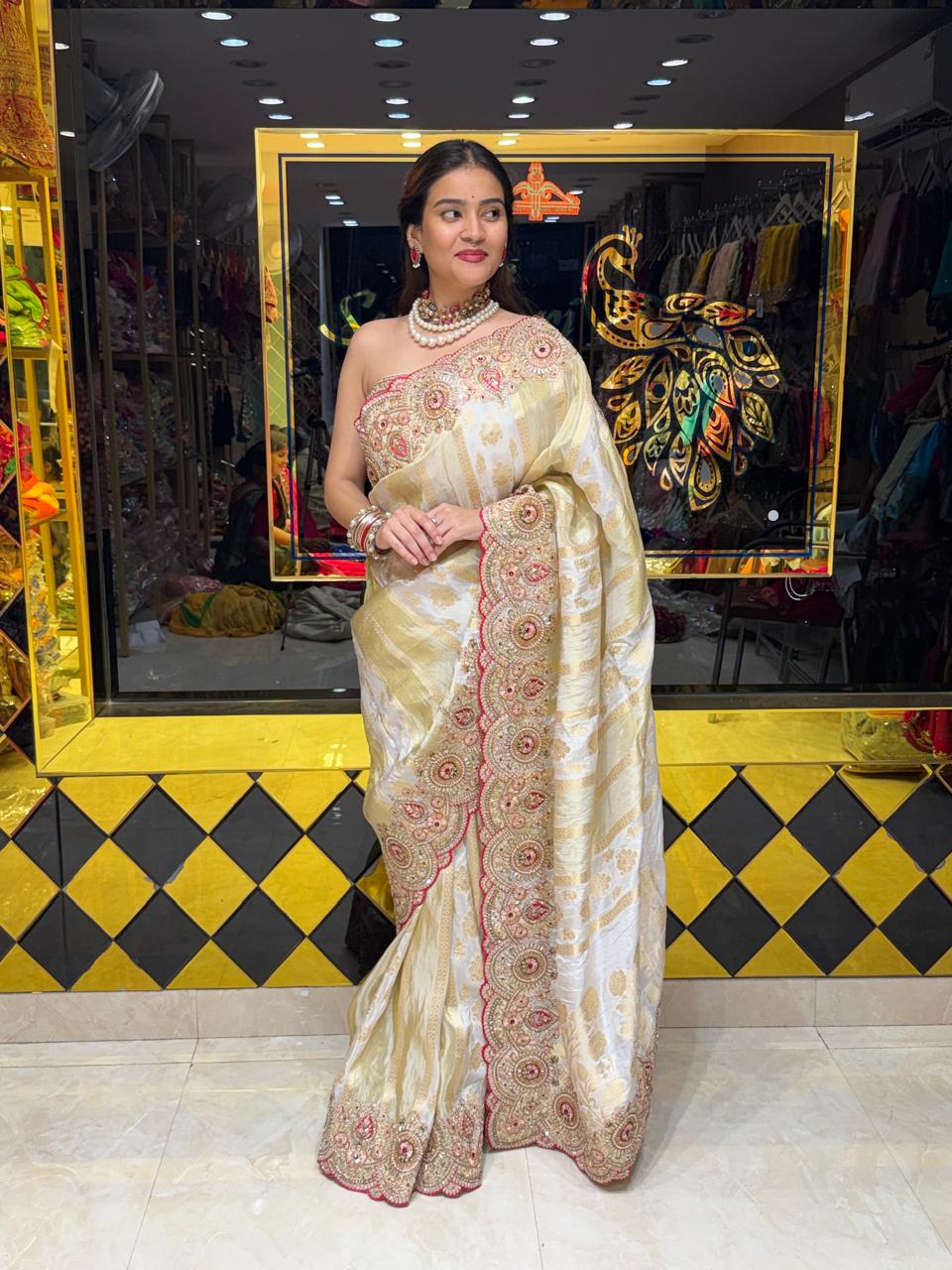 Ivory Pure Kanjivaram Silk Multiwork Designer Saree (489)