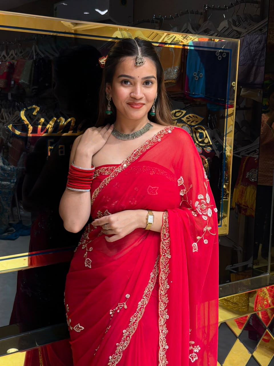 Red Multiwork Handcrafted  Desiger Saree (495)