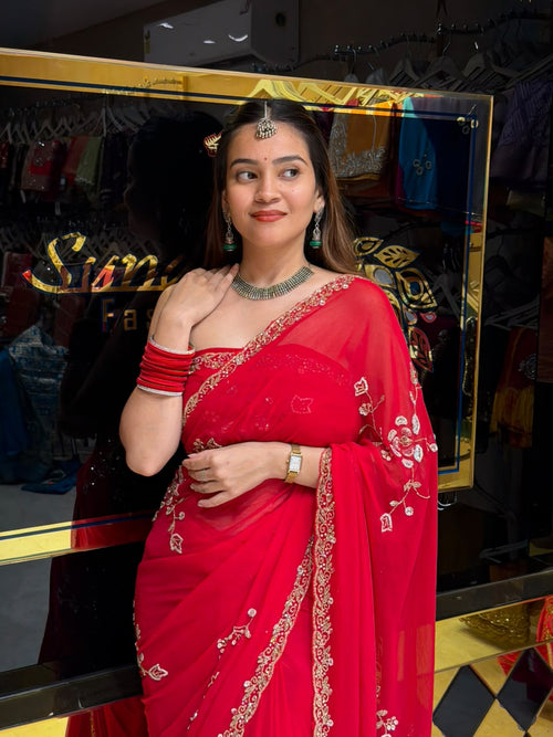 Red Multiwork Handcrafted  Desiger Saree (495)