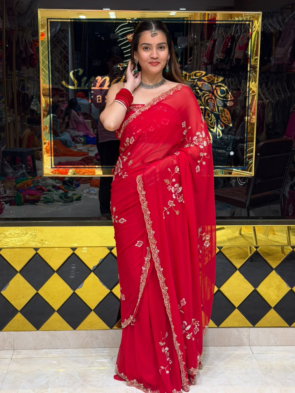 Red Multiwork Handcrafted  Desiger Saree (495)