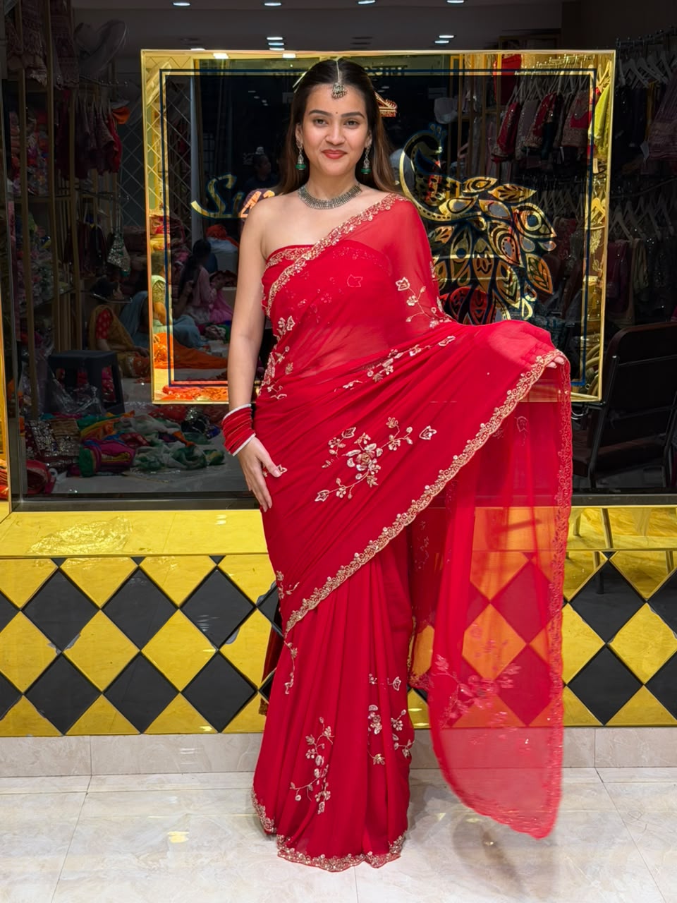 Red Multiwork Handcrafted  Desiger Saree (495)