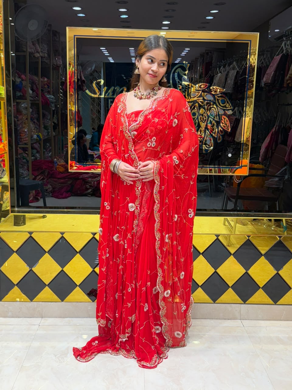 Red Multiple Sequence Handwork  Saree With Dupatta Set (494)