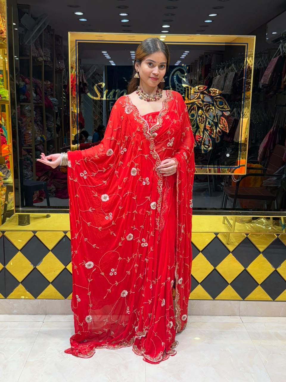 Red Multiple Sequence Handwork  Saree With Dupatta Set (494)