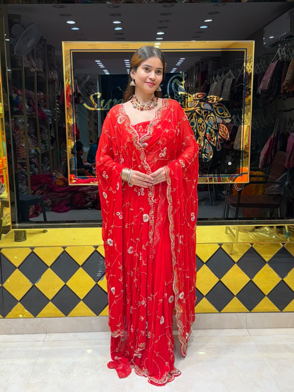 Red Multiple Sequence Handwork  Saree With Dupatta Set (494)