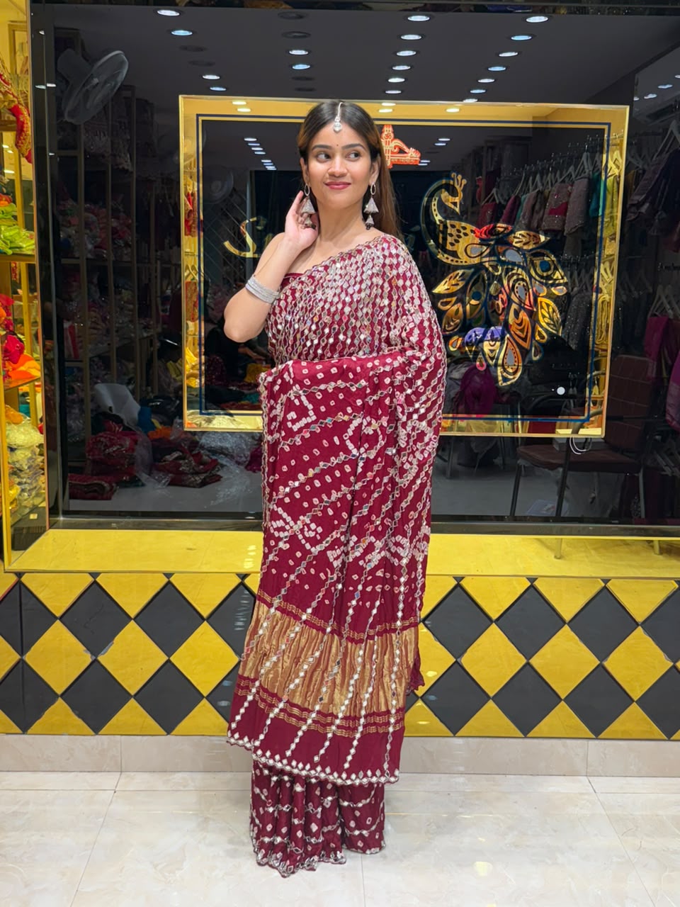 Gaji Silk Bandhej Mirror Designer Saree (499)