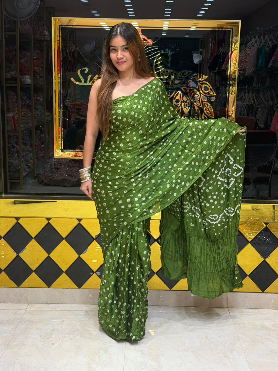 Green Gaji Silk Handmade Bandhej  Saree (502)