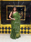 Green Gaji Silk Handmade Bandhej  Saree (502)