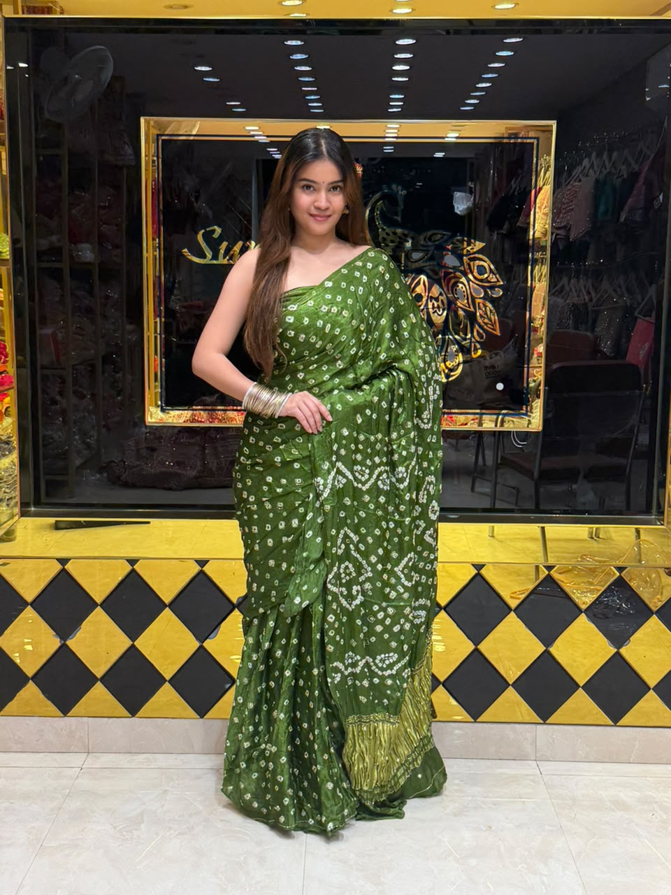 Green Gaji Silk Handmade Bandhej  Saree (502)