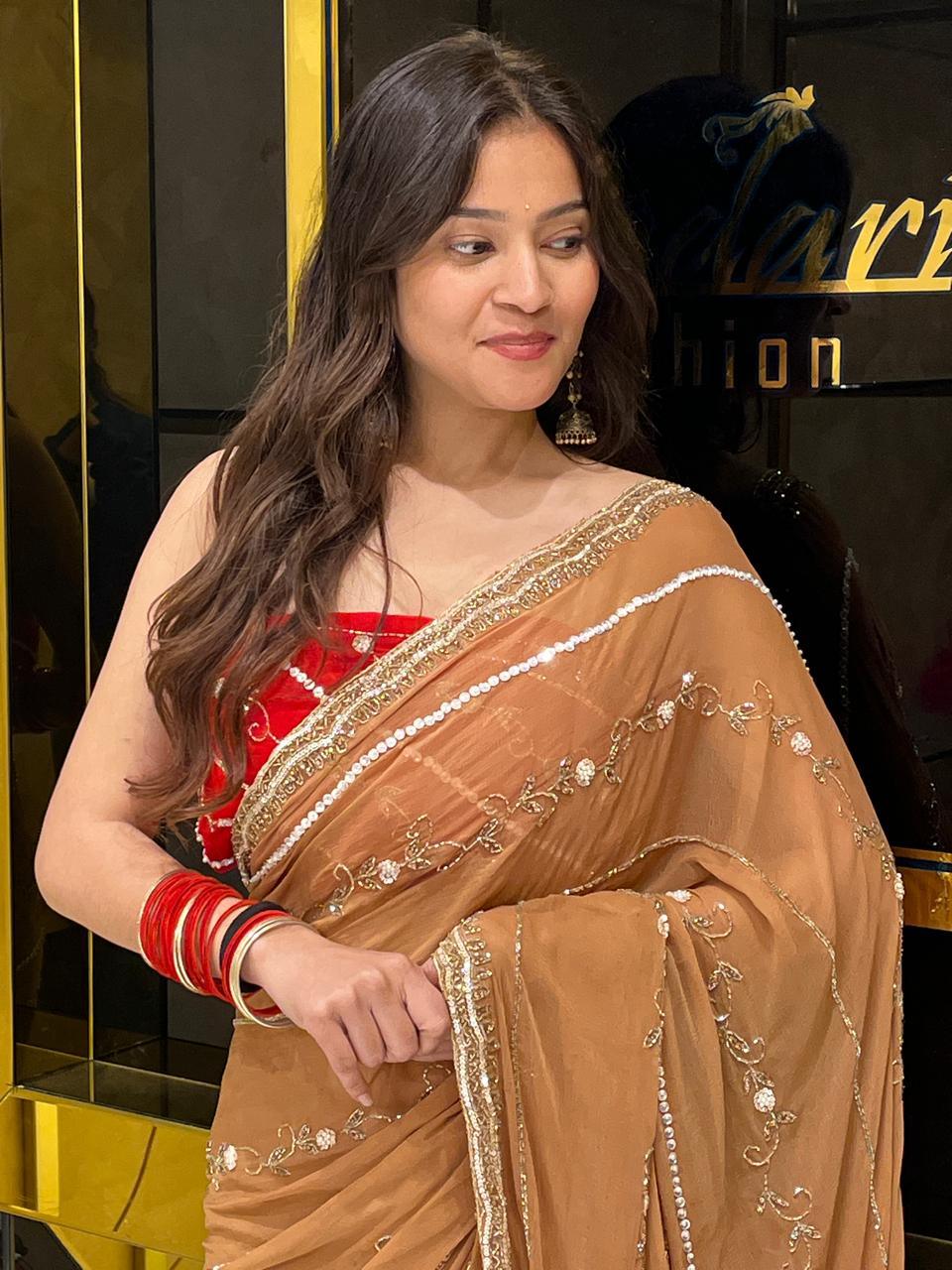 Golden Brown with Red Blouse Premium Handwork Pure Chiffon Saree (132)
