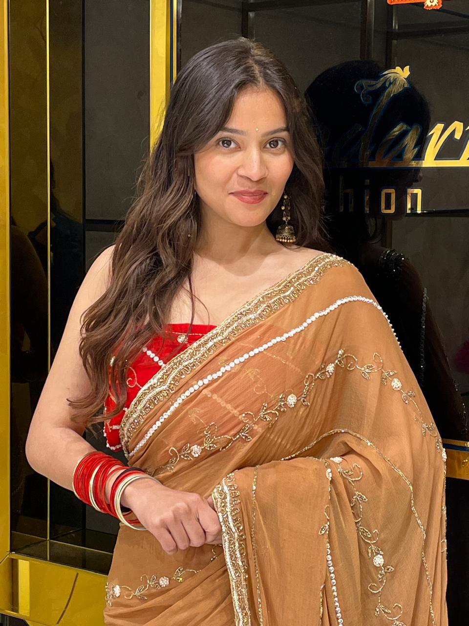 Golden Brown with Red Blouse Premium Handwork Pure Chiffon Saree (132)