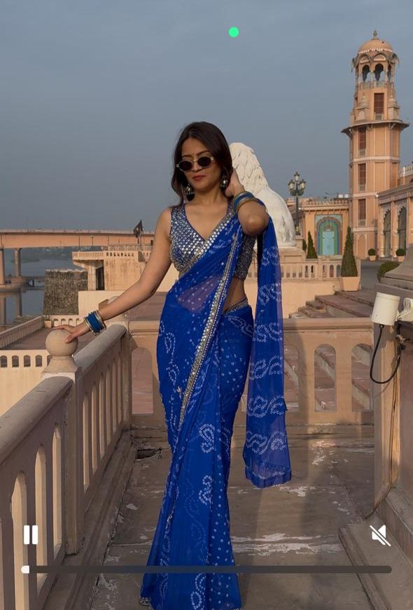 Blue Bandhej Pure Chiffon Premium Handwork Saree (163)