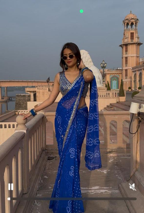 Blue Bandhej Pure Chiffon Premium Handwork Saree (163)