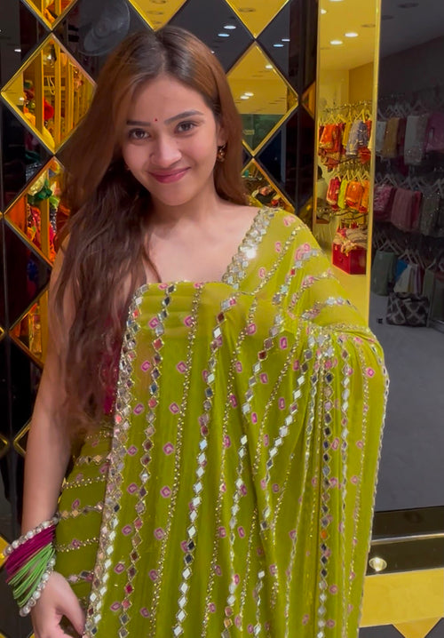 Green Bandhej Katdana Handwork Saree (388)