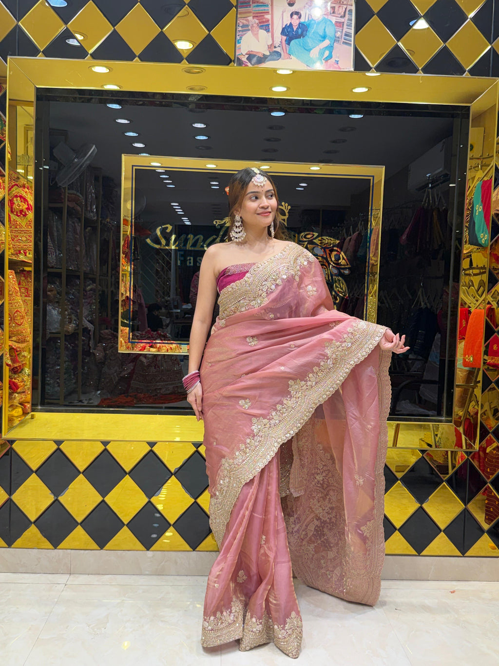 Glass Silk Pink Multiwork Handcrafted Saree (438)