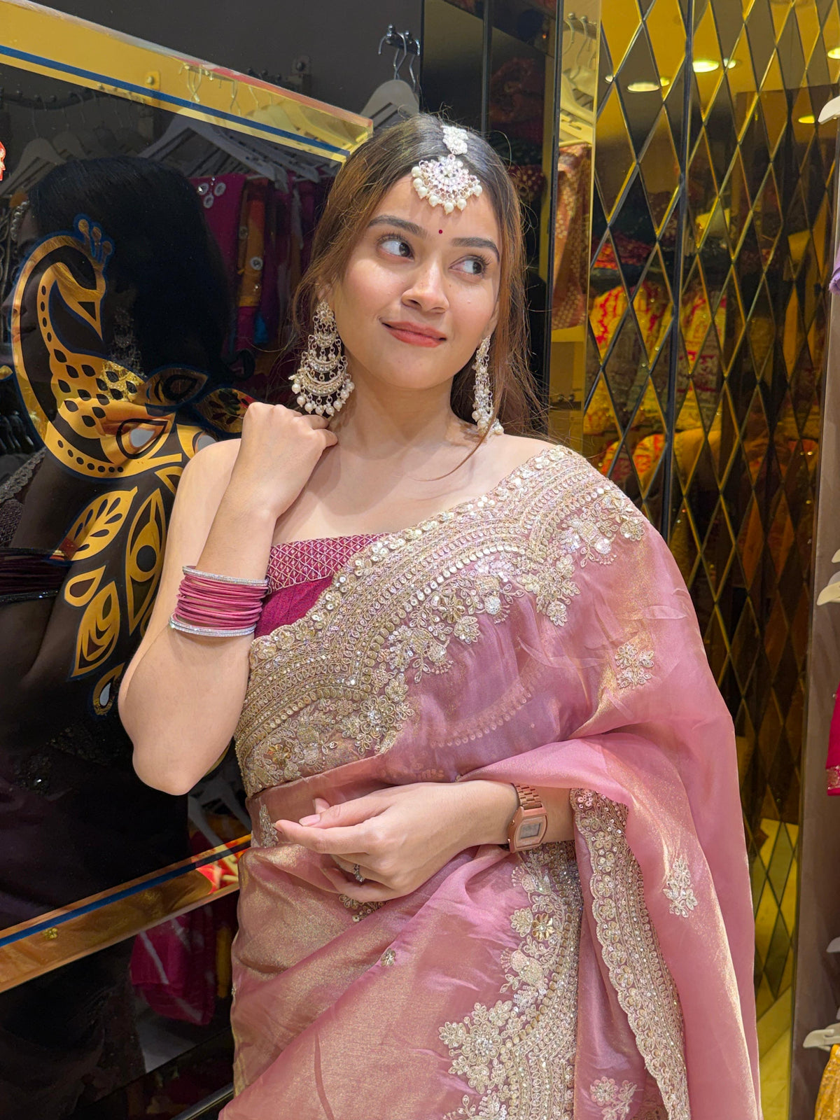 Glass Silk Pink Multiwork Handcrafted Saree (438)