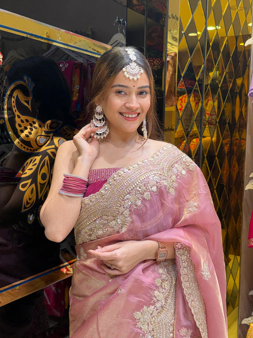 Glass Silk Pink Multiwork Handcrafted Saree (438)
