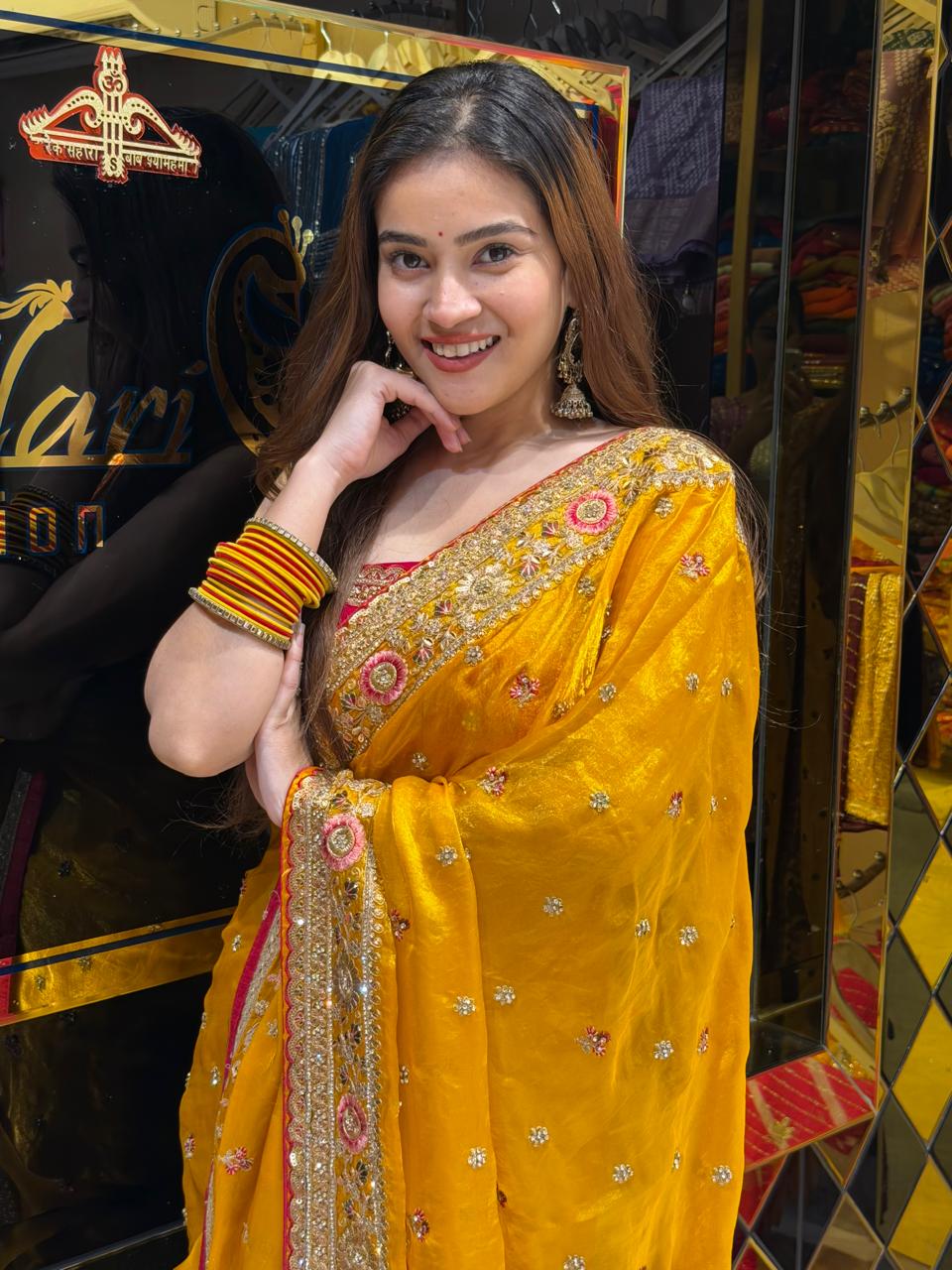 Mustard Yellow Multiwork Designer Saree (455)