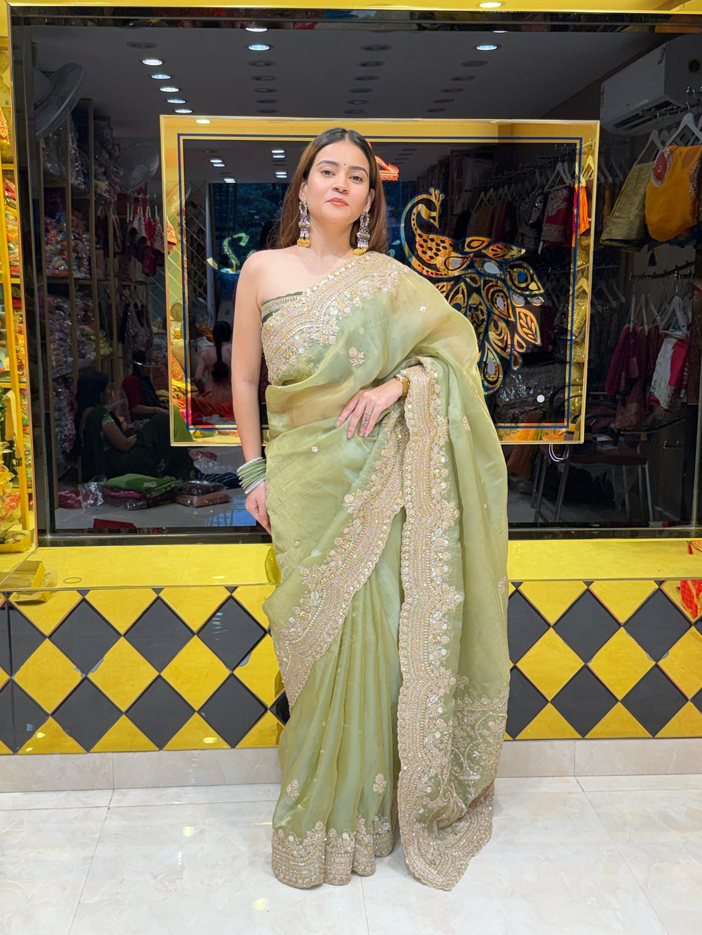 Glass Silk Pista Green Multiwork Handcrafted Saree (459)