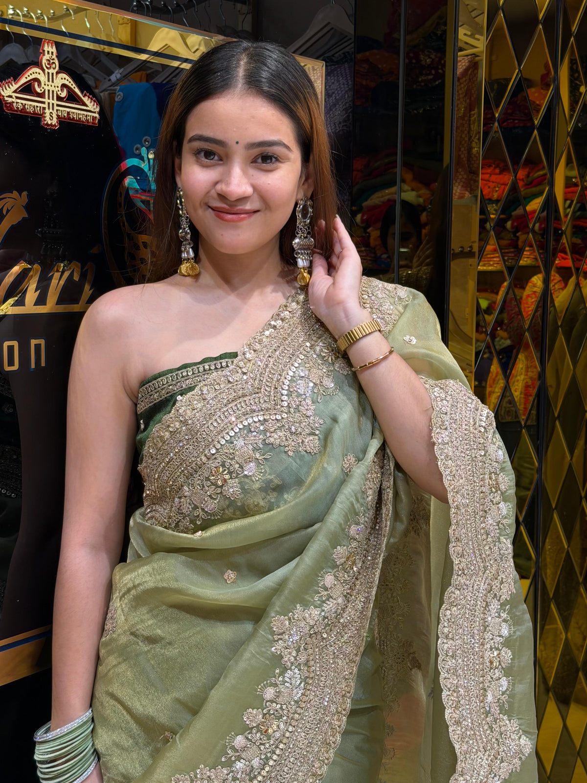 Glass Silk Pista Green Multiwork Handcrafted Saree (459)