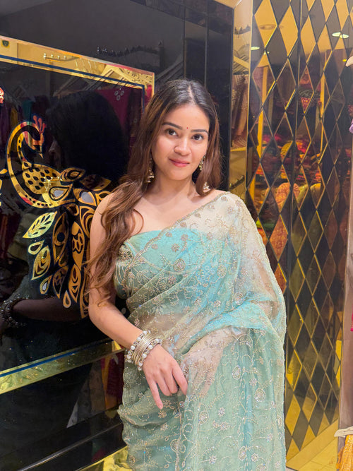 Sea Blue Swarovski Handcrafted Saree (462)