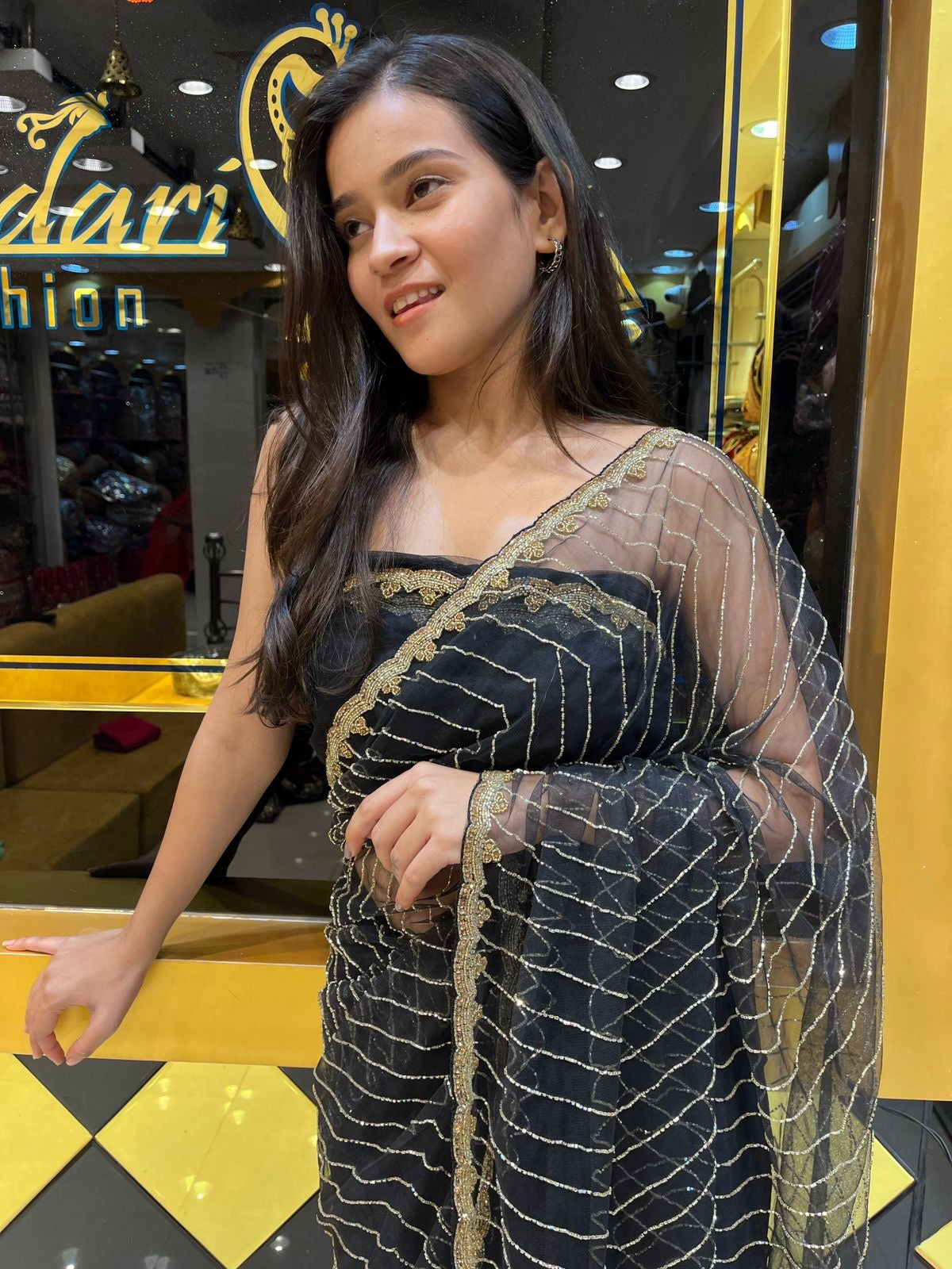 Black Korean Net Silk Saree