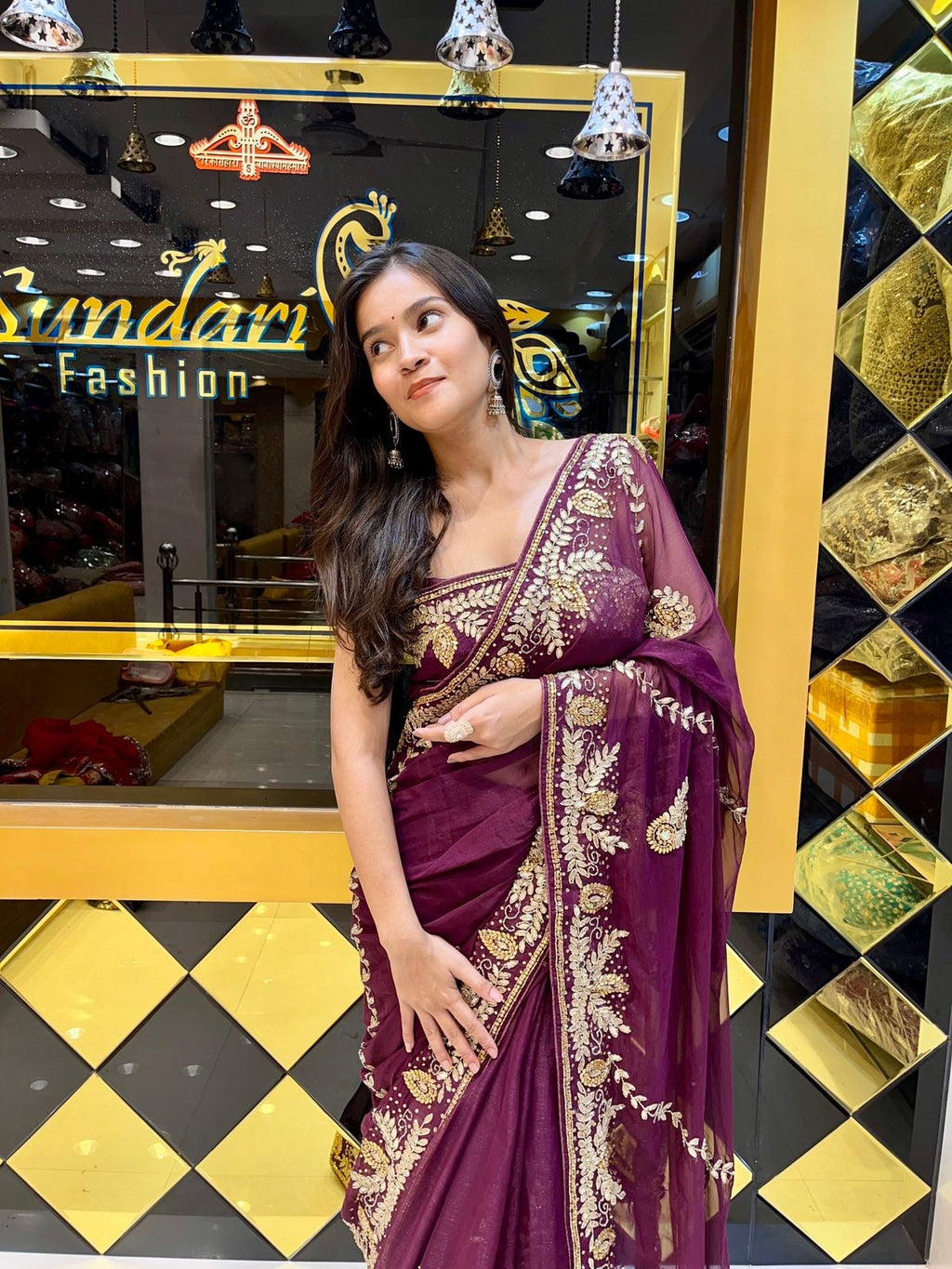 Magenta Solid Gotapati Work Saree