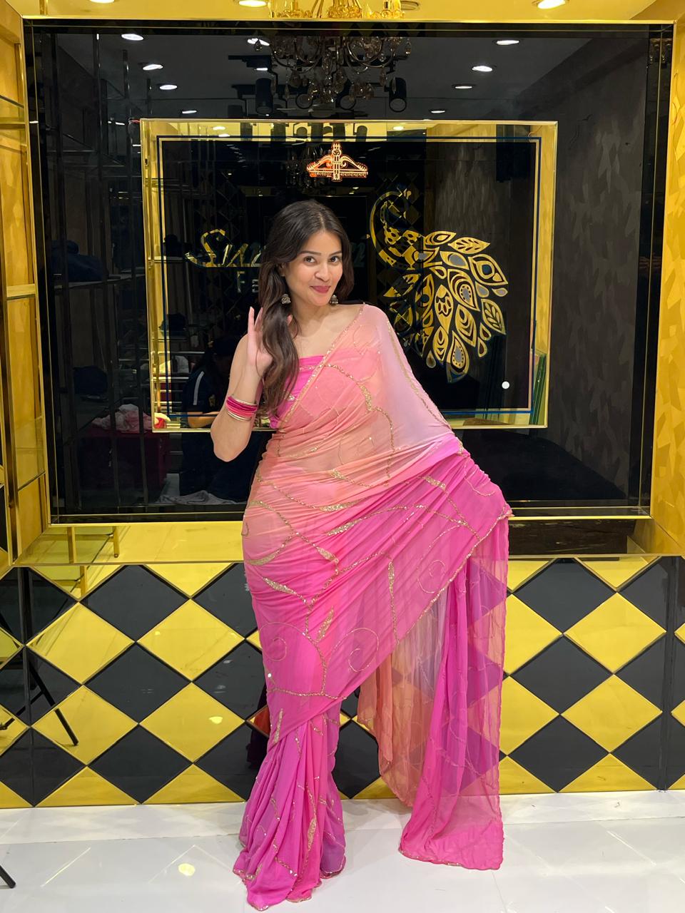 Pink Ombre PartyWear Handwork Saree (137)