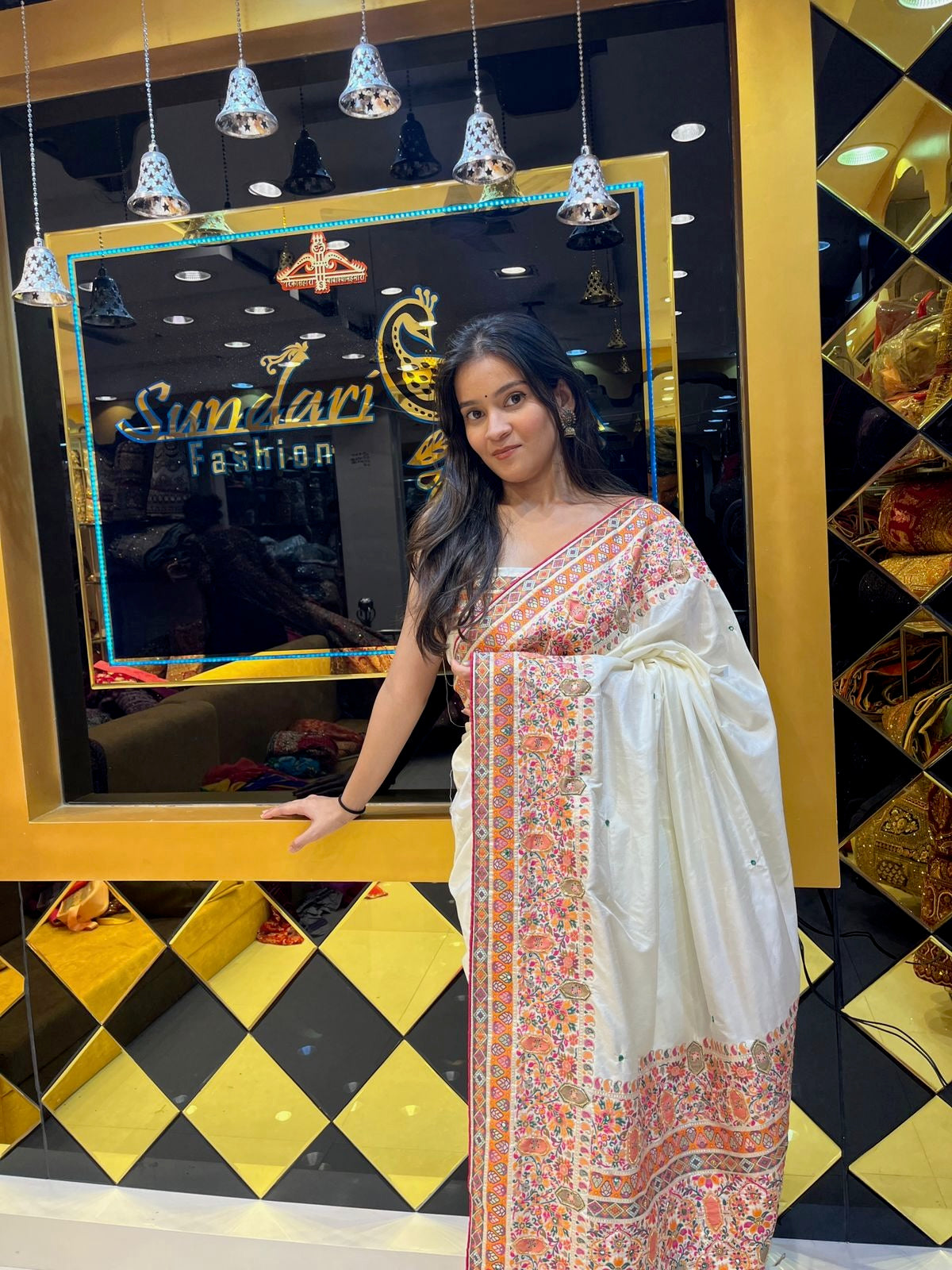 White Resham Border Silk Saree