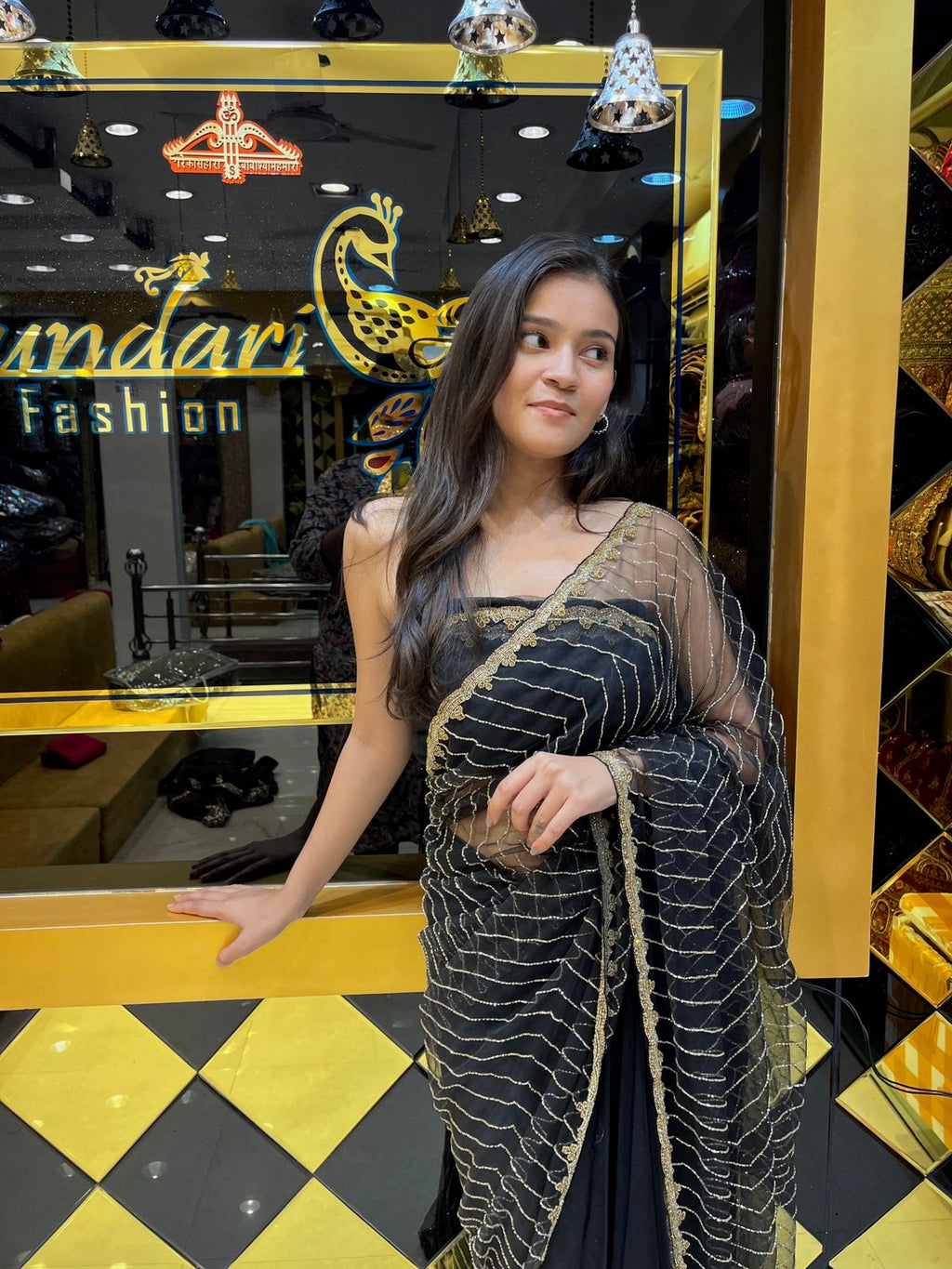 Black Korean Net Silk Saree