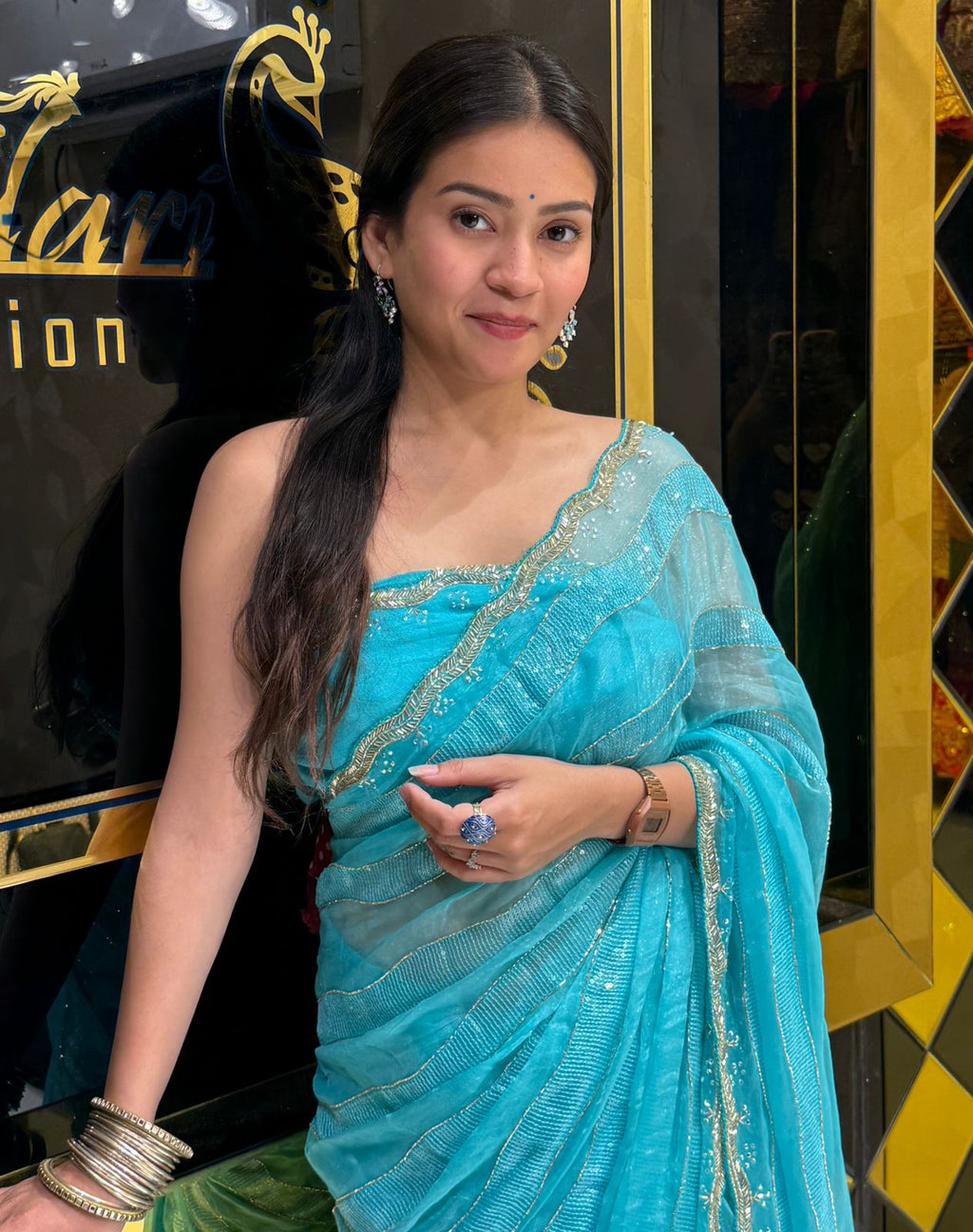 Elegant Blue Handwork Partywear Saree (235)