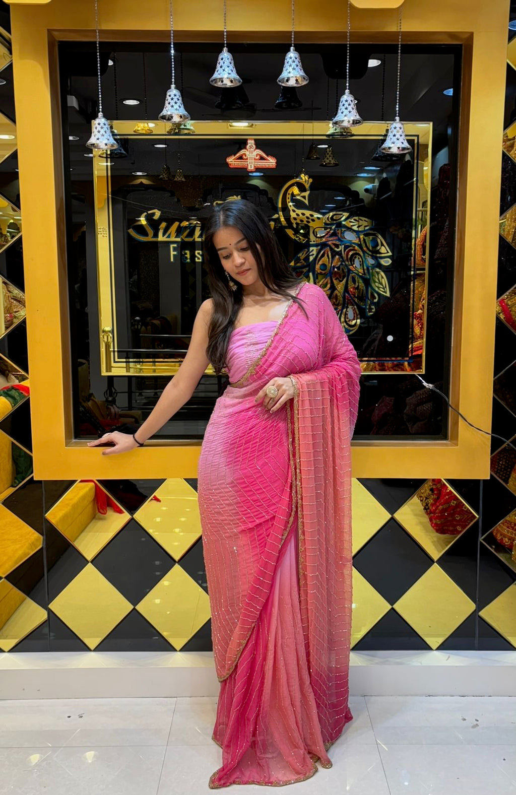Pink Ombre Katdana Handwork Saree
