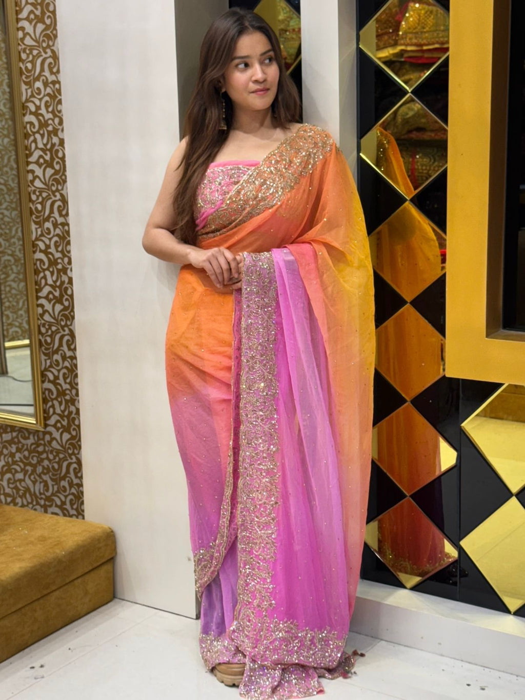 Orange Pink Ombre Saree