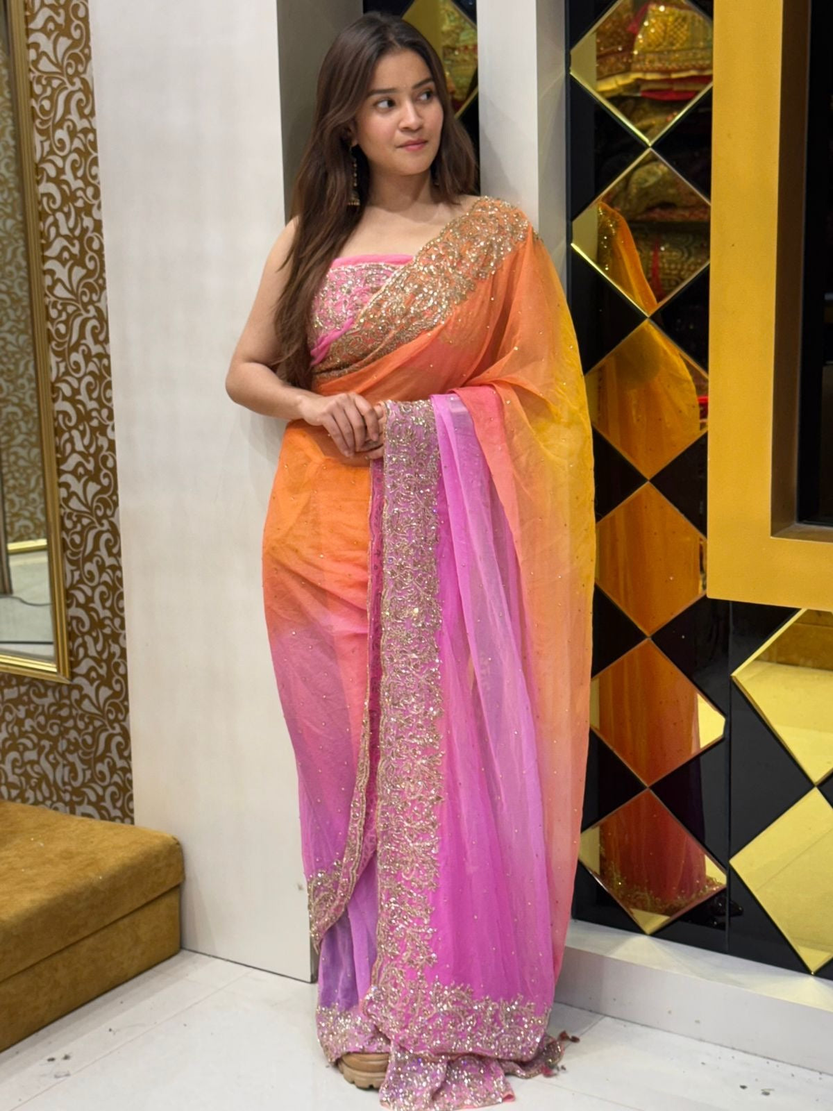 Orange Pink Ombre Saree