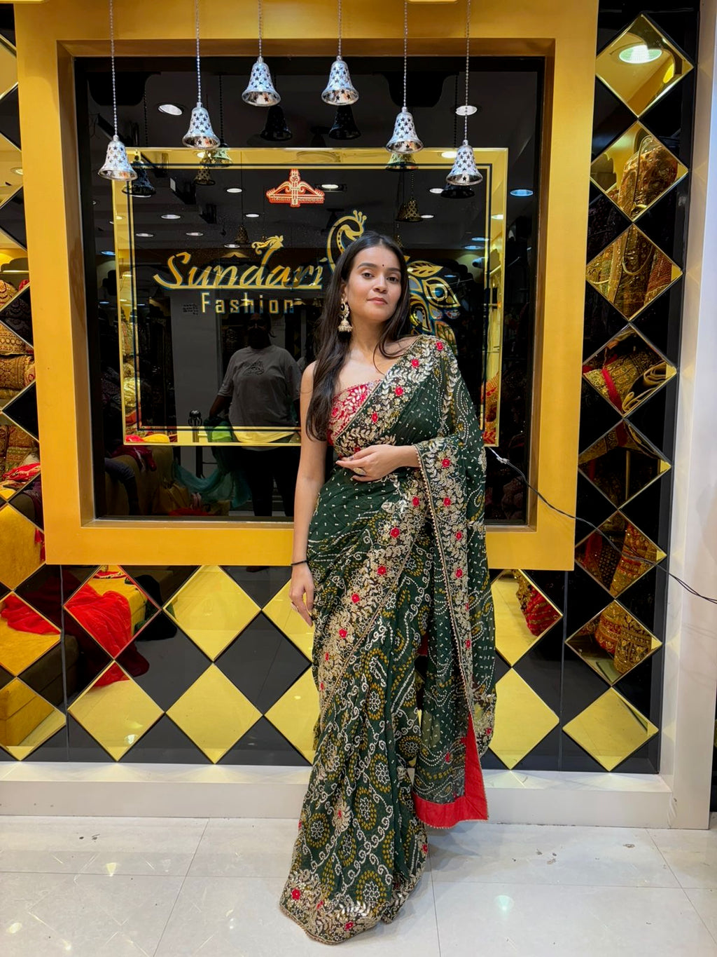Green Chundri With Gotapati Work Saree