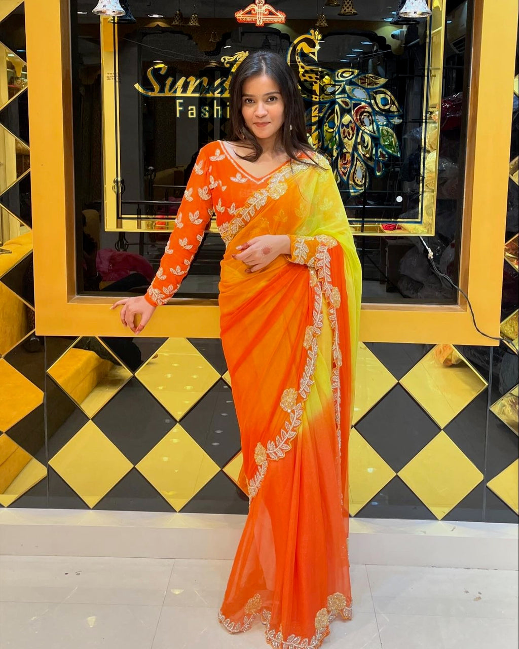 Yellow Orange Sunshine Ombre Saree