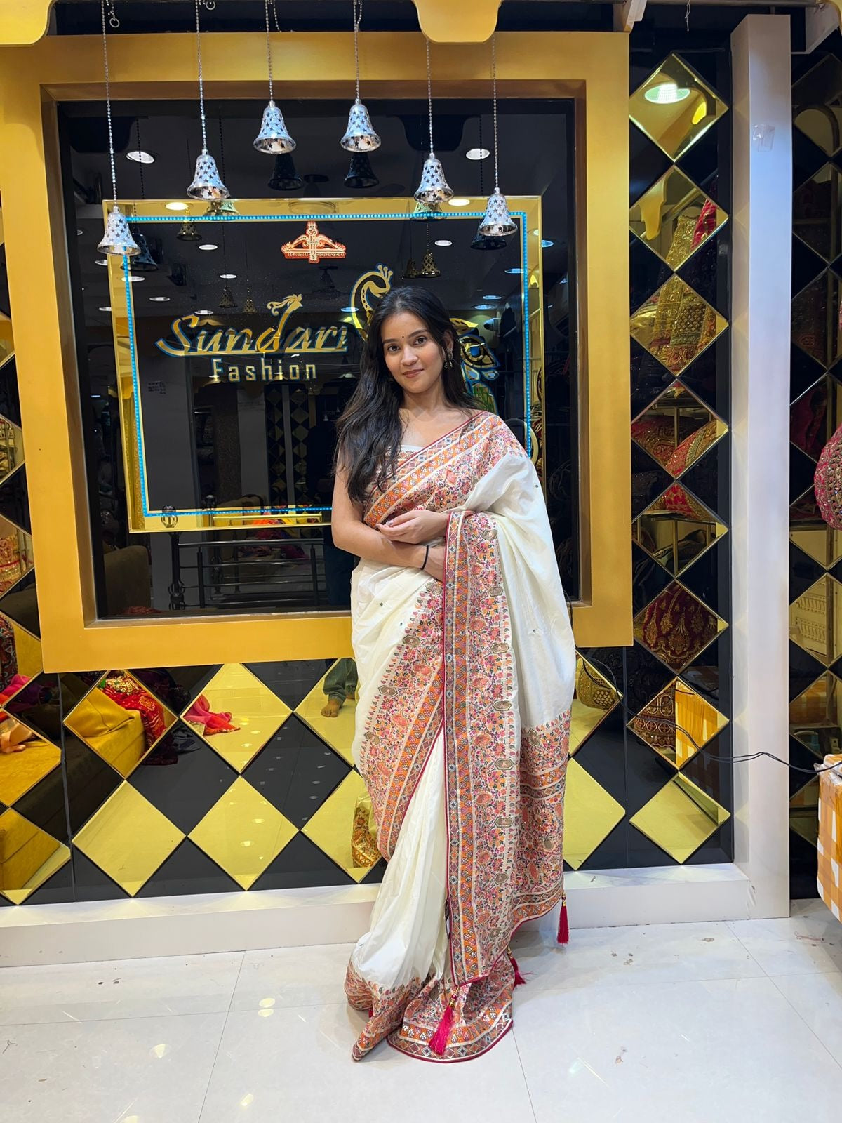 White Resham Border Silk Saree