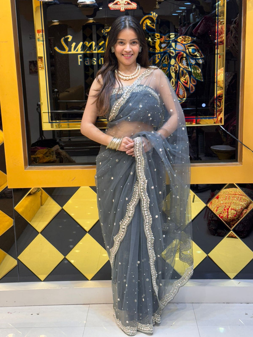 Grey Pearl Work Partywear Saree (106)