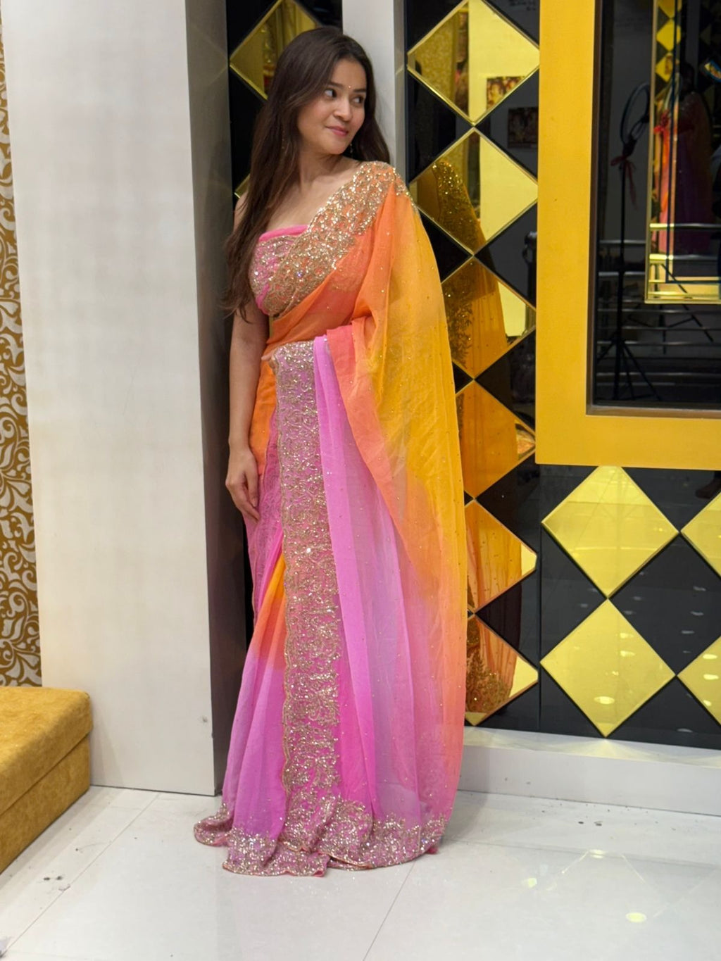 Orange Pink Ombre Saree