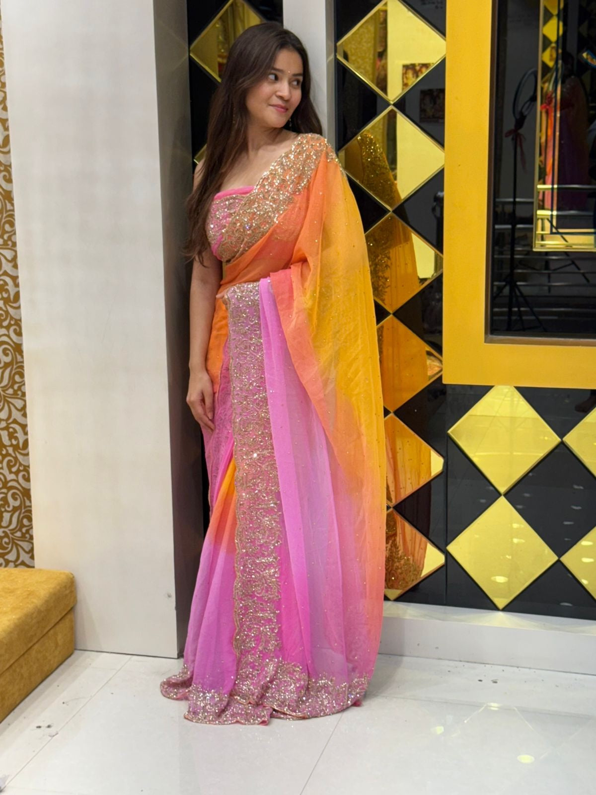 Orange Pink Ombre Saree