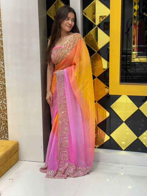 Orange Pink Ombre Saree